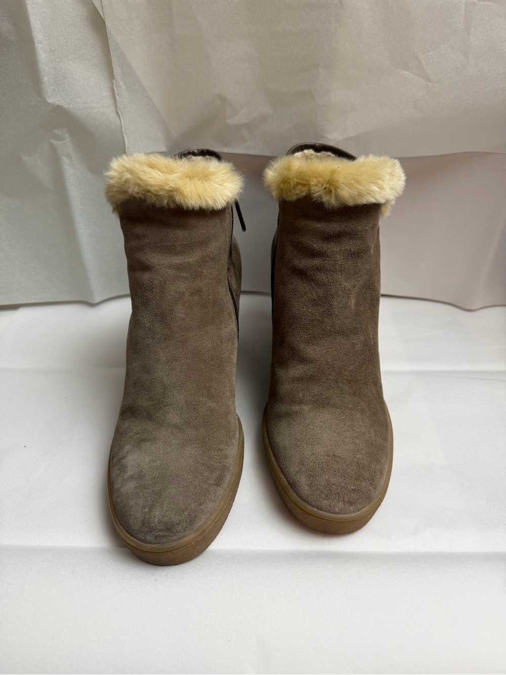 Aquatalia Taupe Suede Fur-Trim Ankle Boots